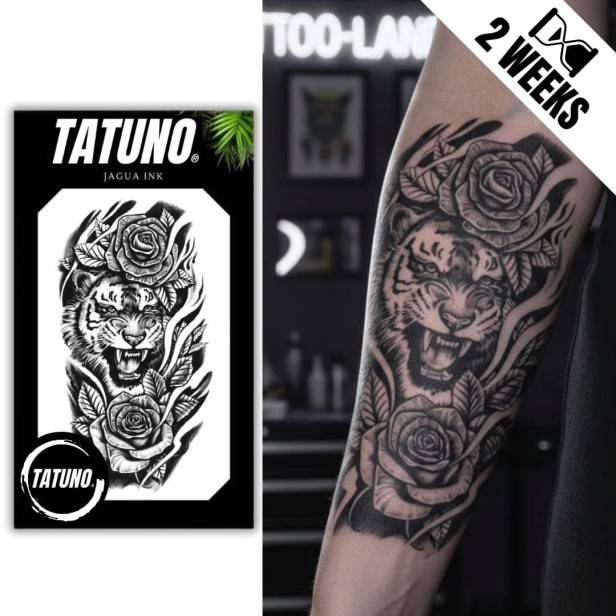 Tatuaż jagua półtrwały ryczący tygrys róże
