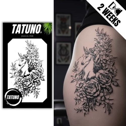 Tatuaż jagua półtrwały jednorożec wśród kwiatów