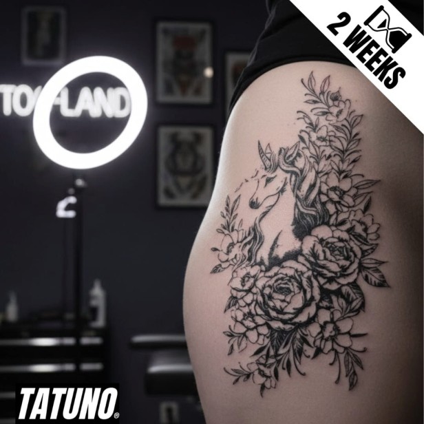 Tatuaż jagua półtrwały jednorożec wśród kwiatów