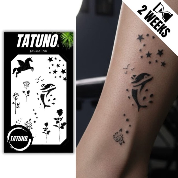 Tatuaż jagua półtrwały delfin jednorożec róże mix