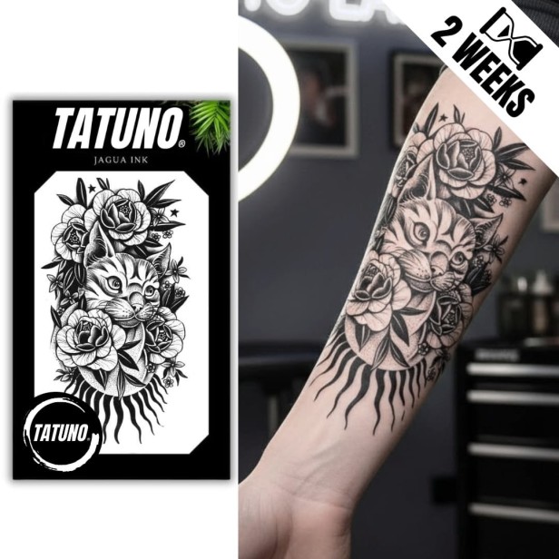 Tatuaż jagua półtrwały kot kwiaty