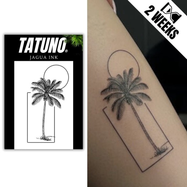 Tatuaż jagua półtrwały palma i zachód słońca