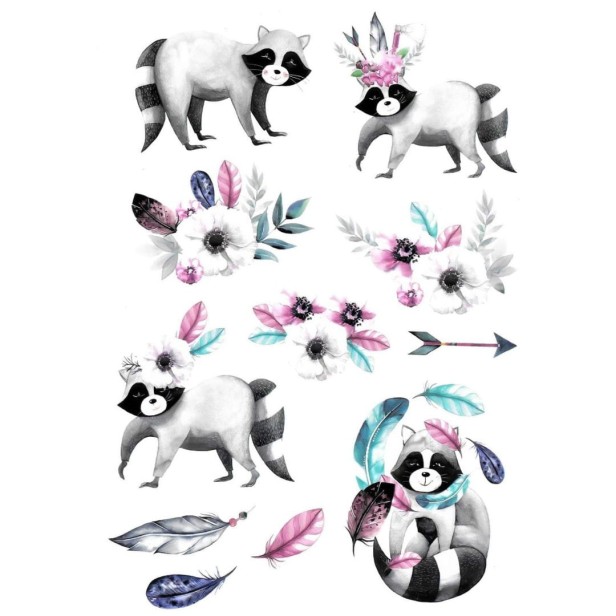 Tatuaże zwierzątka szop pracz piórka mix