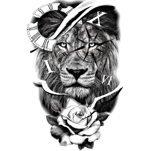 Tatuaż tymczasowy lew z zegarem różą kierunków