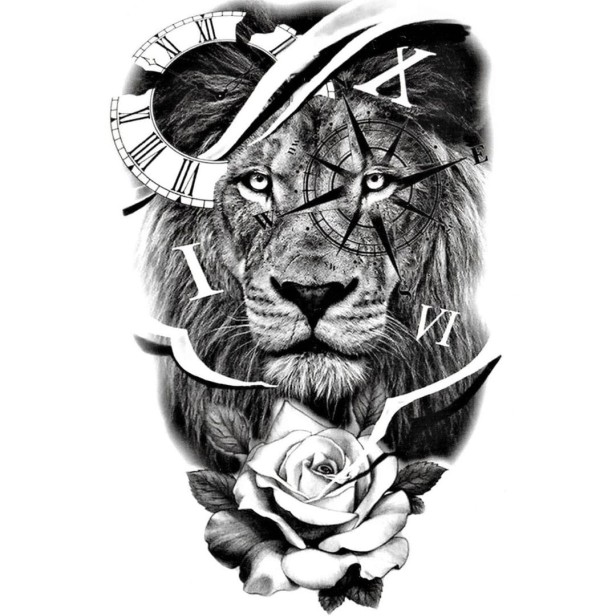 Tatuaż tymczasowy lew z zegarem różą kierunków